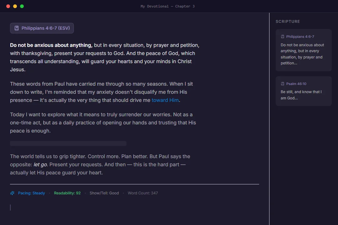 Devoted Pen writing editor with manuscript navigation and scripture reference sidebar