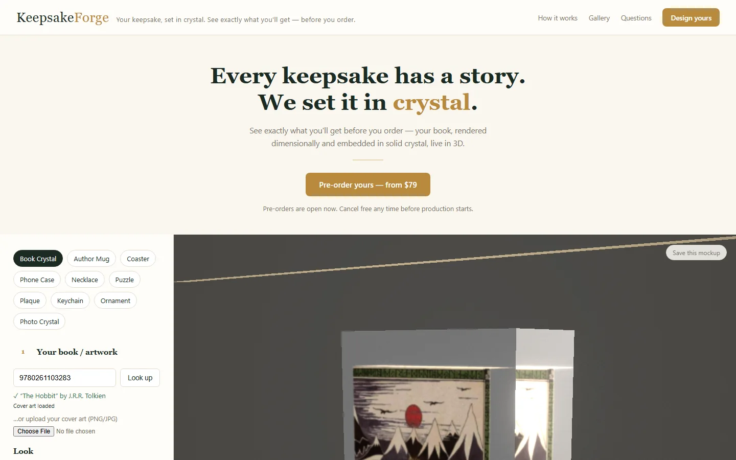 Keepsake Forge online configurator showing a live 3D preview of a photo keepsake with pricing